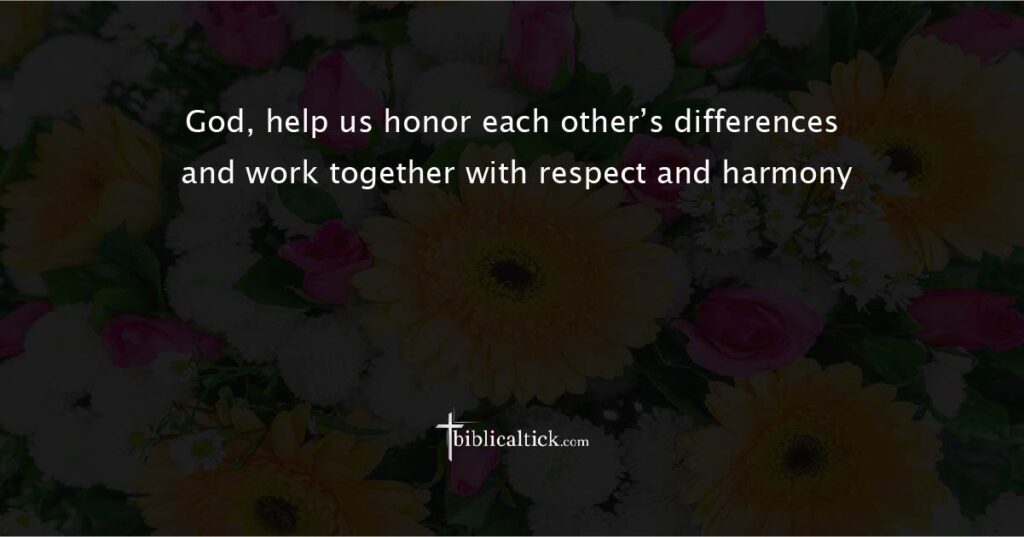 Prayer for Harmony in Diversity
“God, help us honor each other’s differences and work together with respect and harmony.”