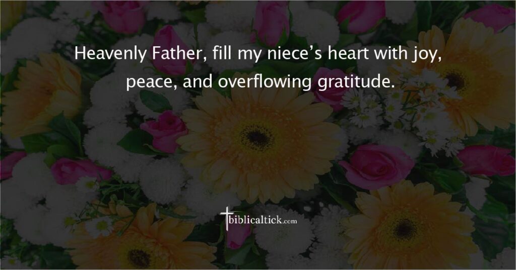 Prayer 

Heavenly Father, fill my niece’s heart with joy, peace, and overflowing gratitude.