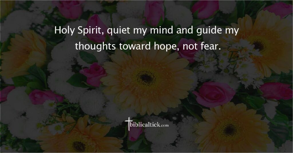 Prayer for Mental Calm

Holy Spirit, quiet my mind and guide my thoughts toward hope, not fear.