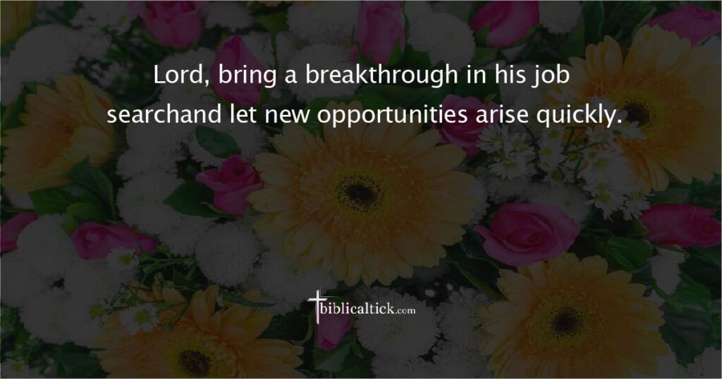 Prayer for Breakthrough

Prayer: Lord, bring a breakthrough in his job searchand let new opportunities arise quickly.