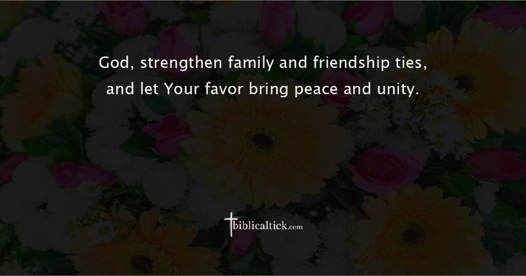 Prayer for Strengthening Bonds
Prayer: God, strengthen family and friendship ties, and let Your favor bring peace and unity.