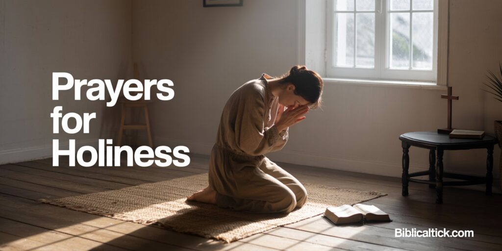 Prayers For Holiness
a woman in a room is kneeing and praying infromt of cross and open bible