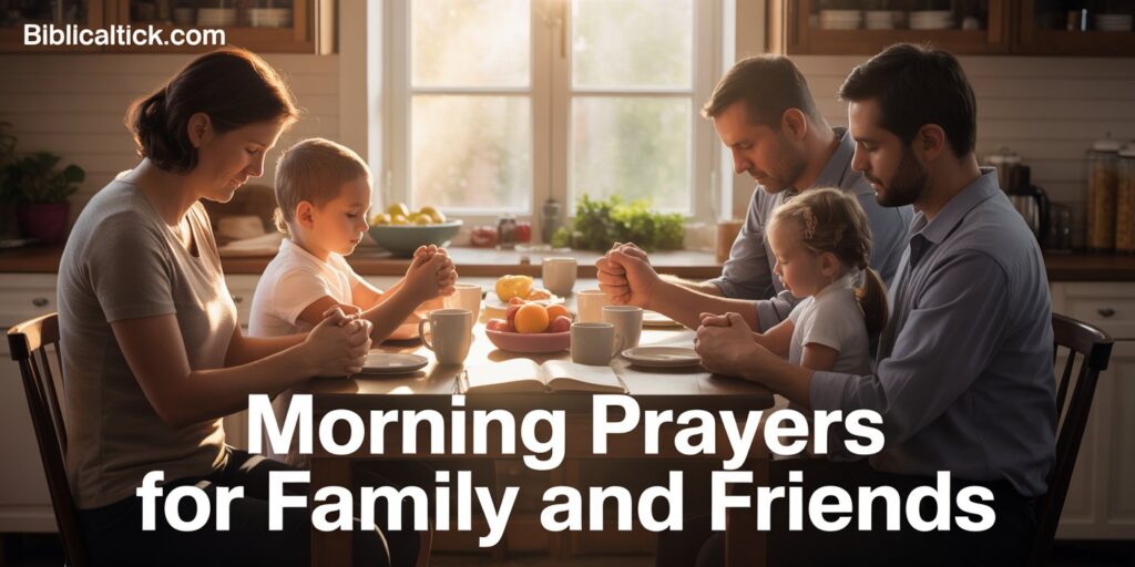 A cinematic photograph of a diverse family gathered around a breakfast table in warm morning sunlight, with parents and children holding hands in a circle of prayer. The scene captures an intimate moment with heads gently bowed, eyes peacefully closed, and soft golden light streaming through a nearby window, illuminating their faces with a serene glow. The kitchen setting features homey details like steaming coffee cups, fresh fruit, and an open Bible on the wooden table, creating an atmosphere of daily devotion and family unity. In the corner, "biblicaltick.com" appears in small, readable white text, while the bold title "Morning Prayers For Family And Friends" is positioned prominently across the lower portion of the image in clean, high-contrast typography.