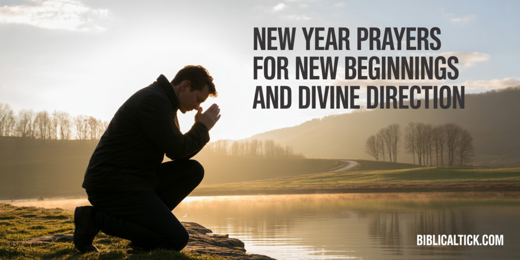 A cinematic photograph of a person kneeling in quiet prayer at the edge of a misty lake during the golden hour of dawn on New Year's Day. The individual is silhouetted against the warm, amber light breaking through soft morning clouds, with their hands clasped and head bowed in contemplative prayer, symbolizing surrender and seeking divine guidance for the year ahead. In the background, a winding path stretches into the distance through rolling hills dotted with bare winter trees, representing the unknown journey of the new year, while gentle rays of sunlight create a natural spotlight effect around the praying figure. The scene includes bold, clean typography reading "New Year Prayers for New Beginnings and Divine Direction" positioned in the upper portion of the image, with "biblicaltick.com" displayed in small, contrasting text in the bottom right corner.