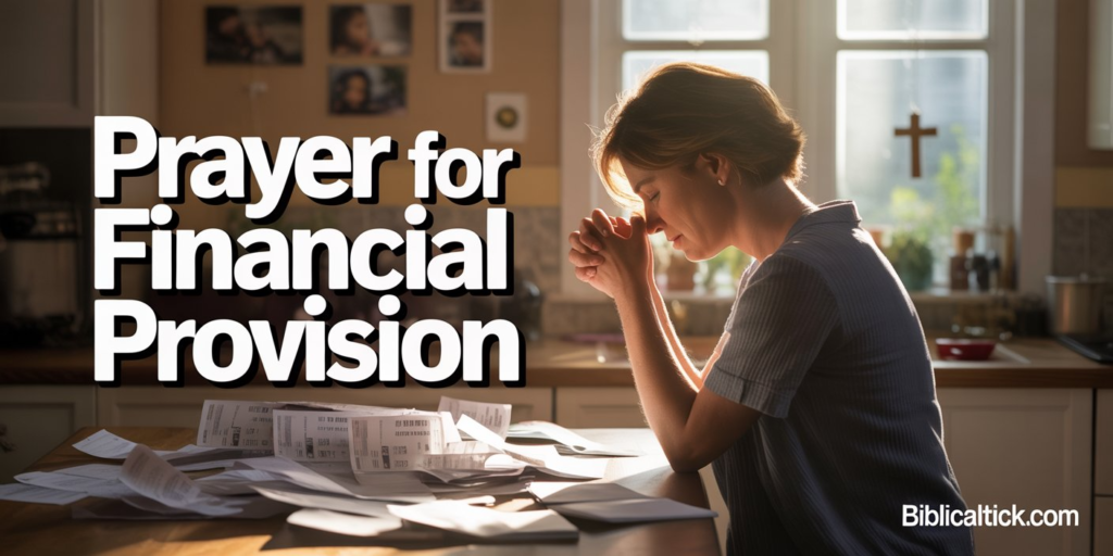 A cinematic photograph of a person kneeling in quiet prayer beside a kitchen table covered with unpaid bills and financial documents. The individual's hands are gently clasped, eyes closed in peaceful faith, while soft morning sunlight streams through a nearby window, casting warm golden rays across the scene. The background shows a modest but loving home environment with family photos on the wall and a simple cross hanging nearby, emphasizing hope amid financial struggle. The large, bold text "Prayer for Financial Provision" is positioned in the upper portion of the image in white letters with a subtle drop shadow, while "biblicaltick.com" appears in small, readable font in the bottom right corner.