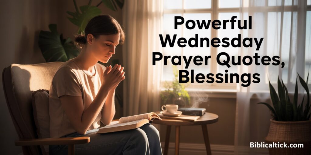 A cinematic photograph of a person sitting peacefully by a sunlit window on a Wednesday morning, hands gently clasped in prayer with an open Bible resting on their lap. Soft golden sunlight streams through sheer curtains, casting warm patterns across their serene face and creating a sense of divine presence and weekly renewal. The cozy indoor setting features a comfortable reading chair, a small wooden side table with a steaming cup of coffee, and houseplants that catch the morning light, establishing an intimate atmosphere of midweek spiritual reflection. Bold, elegant text reads "Powerful Wednesday Prayer Quotes, Blessings" positioned in the upper portion of the image, while "biblicaltick.com" appears discretely in the bottom right corner in small, contrasting white text.