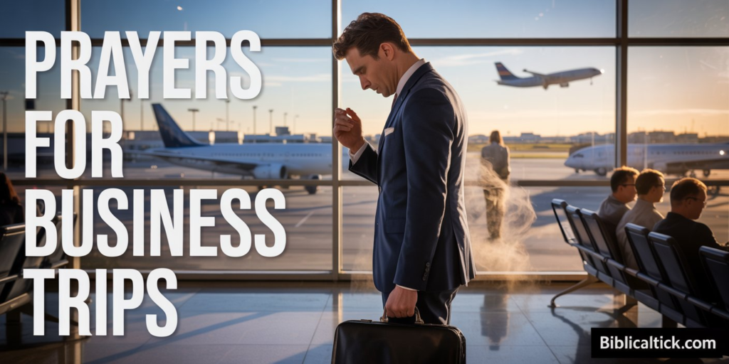 A cinematic photograph of a professional businessman in a tailored navy suit standing at an airport terminal window, his head slightly bowed in quiet prayer with his briefcase at his side. Golden morning sunlight streams through the large glass windows, casting warm rays across his silhouette and illuminating dust particles in the air around him. In the background, airplanes are visible on the tarmac through the expansive windows, while other travelers move softly out of focus, creating depth and context for his journey ahead. The scene includes large, bold white text reading "Prayers for Business Trips" positioned in the upper left corner, with "biblicaltick.com" displayed in small, contrasting dark text in the bottom right corner.