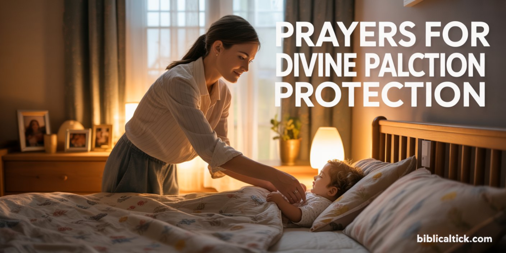 A cinematic photograph of a young mother gently placing her sleeping toddler into bed during a peaceful evening routine, her silhouette illuminated by the warm glow of a bedside lamp. The mother's protective posture and tender expression convey deep love and care as she tucks soft blankets around her child, while golden light streams softly through sheer curtains, creating a heavenly atmosphere of safety and divine watchfulness. The cozy bedroom setting features warm earth tones, a wooden crib, and family photos on nightstands, emphasizing the sanctity of home and family protection. Bold white text reading "Prayers for Divine Protection" is positioned in the upper portion of the image, with "biblicaltick.com" displayed in small, readable font in the bottom right corner.