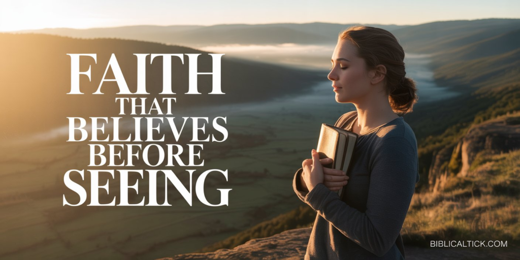 A cinematic photograph of a young woman standing at the edge of a cliff overlooking a vast misty valley at dawn, her silhouette backlit by the emerging golden sunlight. She holds a worn leather journal close to her chest, her eyes closed in peaceful trust, with one foot positioned as if taking a step forward into the unknown path below. The dramatic landscape stretches endlessly before her, with rolling hills disappearing into soft morning fog, while gentle rays of light break through the clouds above. The bold title "Faith That Believes Before Seeing" appears in large white serif font across the upper portion, with "biblicaltick.com" displayed in small readable text in the bottom right corner.