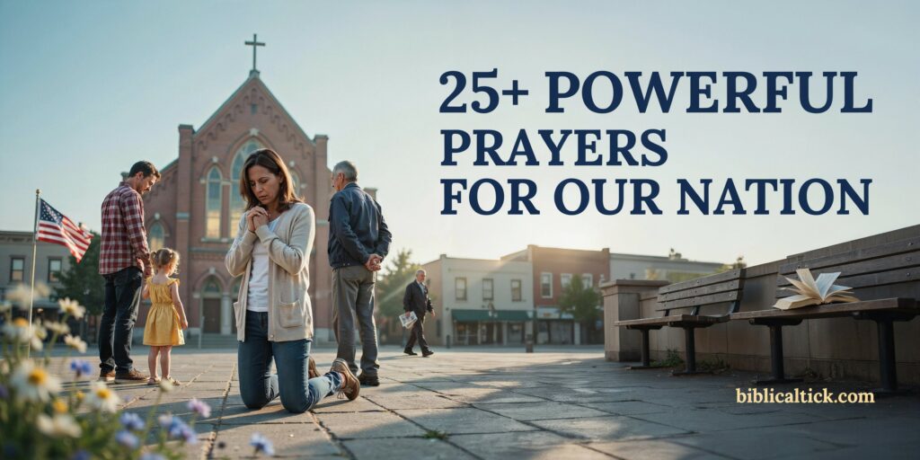A casual iPhone snapshot of a small group gathered for prayer in an American town square at dawn, with a kneeling woman as the focal point and a bold headline '25+ POWERFUL PRAYERS FOR OUR NATION' stacked across the upper-right sky.
