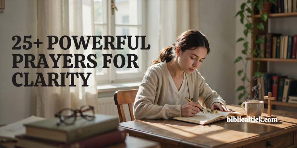 A cinematic editorial photograph of a young woman pausing mid-prayer at a sunlit oak writing desk with an open journal, framed as a blog thumbnail with a stacked headline on the left and the scene anchored to the right.