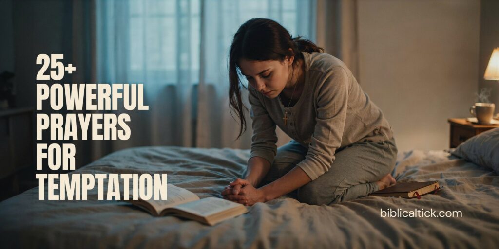 A casual iPhone snapshot of a young married couple kneeling together in prayer at the foot of their bed in a warmly lit living room, with an open Bible between them and a headline reading 'Powerful Prayers For Relationships' anchored to the left third.