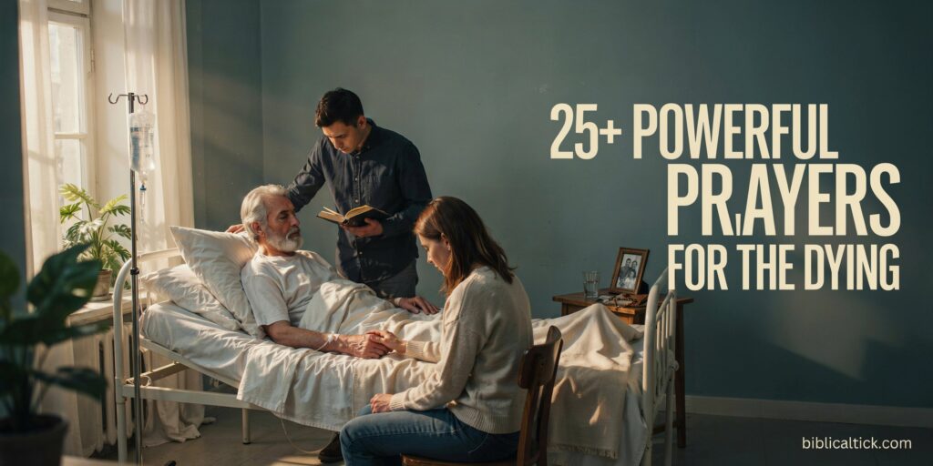 A cinematic editorial photograph of a family gathered around an elderly father in a hospital bed at golden hour, with warm sunbeams raking across the scene and a bold cream serif headline anchored to the right third.