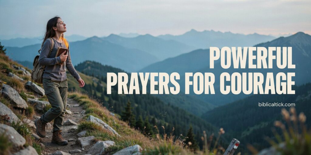 A cinematic iPhone-style photograph of a young woman pausing at the top of a steep mountain trail at first light, steadying herself with a Bible pressed to her chest as she looks toward an open valley, with bold cream headline typography filling the right half of the frame.