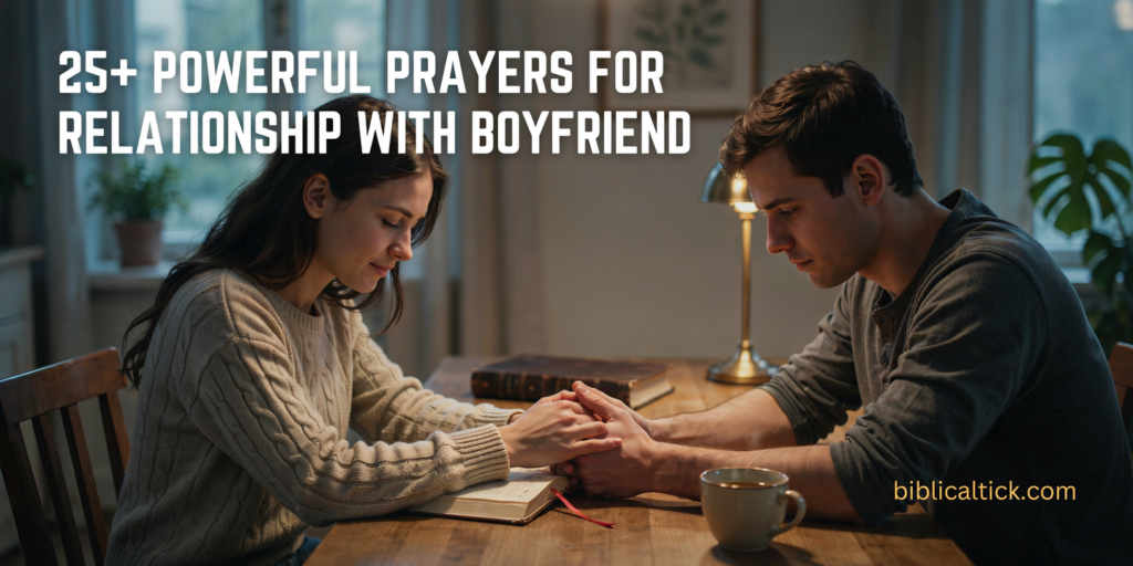 A cinematic photograph of a young couple seated close at a wooden kitchen table in shared prayer before dinner, hands clasped between them with an open Bible nearby, lit by a warm brass lamp against a cool dusk-blue home interior, framed as a horizontal blog thumbnail with headline typography in the upper-left.