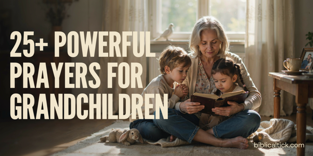A cinematic photograph of a silver-haired grandmother reading from a leather-bound Bible to her two young grandchildren on a cream rug in a sunlit living room, with bold headline typography filling the left third and a small URL mark in the lower-right corner.