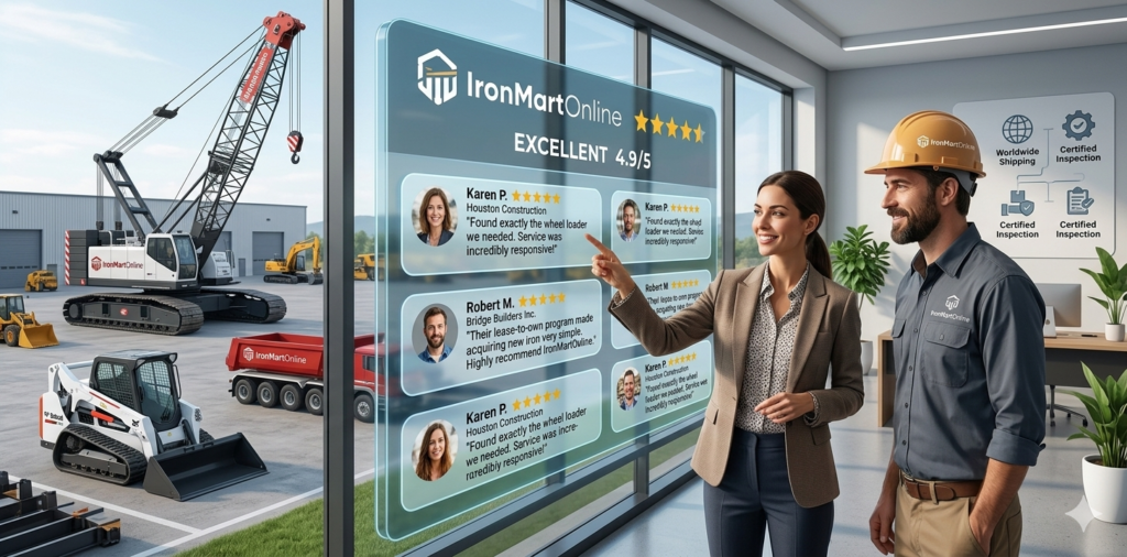 A premium corporate website banner in a 2:1 ratio for IronMartOnline, displaying a spacious industrial machinery lot filled with high-end construction vehicles like bulldozers and cranes. A translucent dark-glass panel on the left displays client testimonials under the header "WHAT OUR CLIENTS SAY", complete with gold rating stars, while a female project manager in a hard hat and safety vest stands on the right side reviewing a tablet.