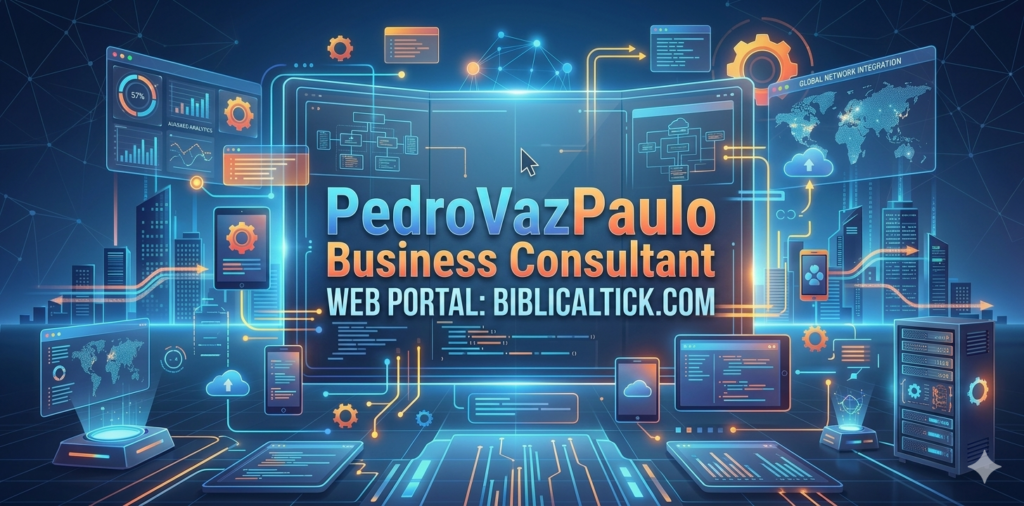 A sleek, corporate widescreen 2:1 ratio image designed for a business consultant banner. It features a professional dark navy blue setting accented with golden lines and modern data visualization nodes representing growth. The text "PedroVazPaulo Business Consultant" is clearly visible in elegant typography, with the website domain "Biblicaltick.com" positioned neatly underneath.