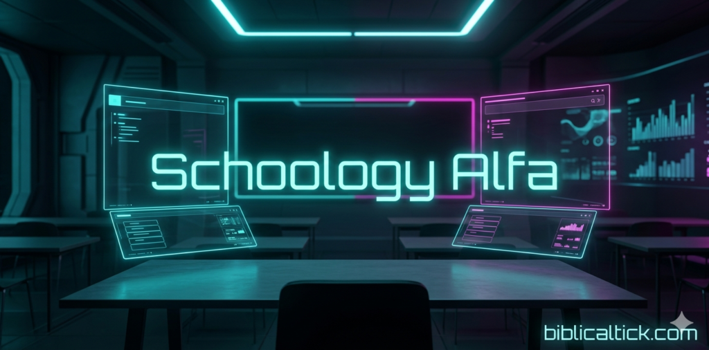 A wide 2:1 ratio cinematic concept banner for "Schoology Alfa" showcasing an advanced, futuristic learning landscape. Transparent holographic display interfaces hover elegantly above a minimalist slate desk, illuminating the dark, atmospheric classroom with vibrant neon turquoise and sharp magenta light. The glowing text "Schoology Alfa" is written in a stylized, geometric font centrally in the frame. The background shows hints of structured high-tech architecture and abstract digital data charts, while the website URL "biblicaltick.com" is embedded neatly in a crisp, clean font in the bottom right corner.