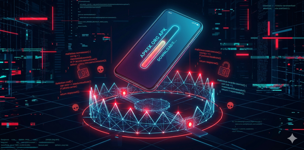 A wide conceptual tech illustration showing a smartphone with a prominent 'Download APK' button, splitting into two distinct neon pathways: one leading to a secure digital shield and the other leading into a complex traffic trap maze.