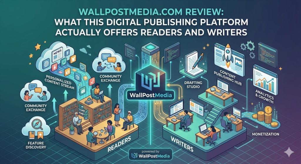 A digital publishing platform interface showcasing various features for creating and sharing content online.