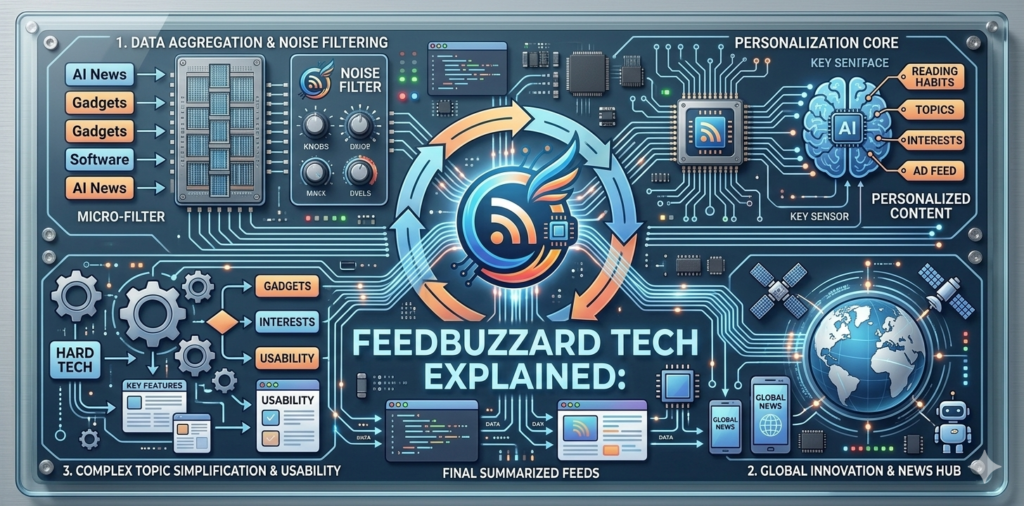A 2:1 ratio tech article feature image styled as a complex, futuristic circuit board diagram, titled "FEEDBUZZARD TECH EXPLAINED:" at the bottom center. The layout is set against a dark blue brushed-metal glass plate with silver corner screws. A central circular logo with an orange RSS icon and blue wing is surrounded by rotating amber and blue arrows. Glowing circuitry lines connect multiple interactive sections: a data aggregation micro-filter on the top left with dial knobs; a 'PERSONALIZATION CORE' on the top right featuring a glowing blue digital brain and AI microchip; a mechanical flowchart with gears for simplifying complex topics on the bottom left; and a digital globe encircled by satellites representing a global innovation and news hub on the bottom right.