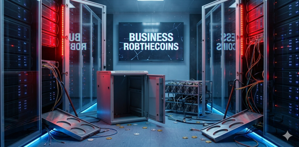A chaotic server room floor with open metal cabinets, loose hanging wires, and physical cryptocurrency coins scattered on the ground, while a cracked wall monitor in the background displays the text "BUSINESS ROBTHECOINS" under harsh red and blue emergency lighting.