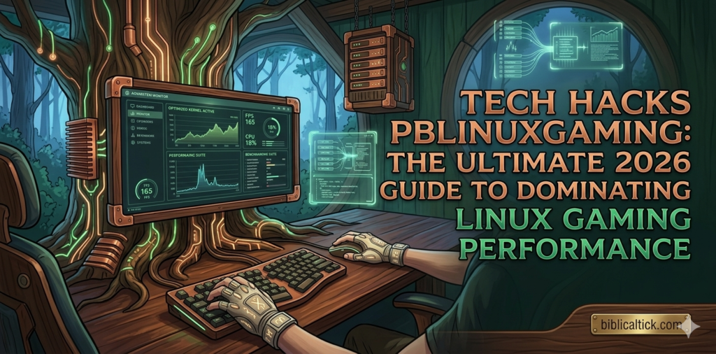 A wide 2:1 ratio tech banner with a vibrant synthwave aesthetic, featuring a retro-futuristic gaming station bathed in hot pink, electric orange, and deep violet neon light. An intricate, liquid-cooled PC case with glowing neon tubes stands next to dual-monitor screens displaying Linux performance stats and terminal diagnostics over a sci-fi backdrop. A player with cybernetic glowing gloves operates a sleek mechanical keyboard. The text "TECH HACKS PBBLINUXGAMING: THE ULTIMATE 2026 GUIDE TO DOMINATING LINUX GAMING PERFORMANCE" is boldly stylized across the scene, with the URL "biblicaltick.com" positioned neatly in the lower right corner.